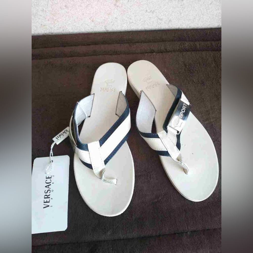 Versace Sport white leather flip flops with navy color trim in size 38